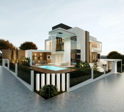 Contemporary villa with pool and garden, showcasing luxury and modern architecture in Brazil.